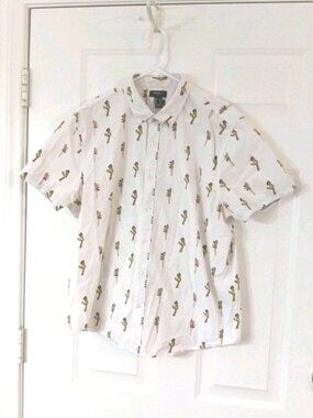 Forever 21 Men's XL White Button Up Shirt Hawaiian Dancing Ladies 100% Cotton